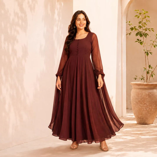 Women's Maroon Georgette Anarkali Maxi Dress with Sheer Sleeves & Tie-Up Back