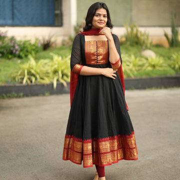 Women's Black Anarkali Dress with Banarasi Yoke & Matching Dupatta | Ethnic Party Wear Suit Set