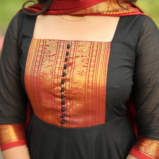 Women's Black Anarkali Dress with Banarasi Yoke & Matching Dupatta | Ethnic Party Wear Suit Set