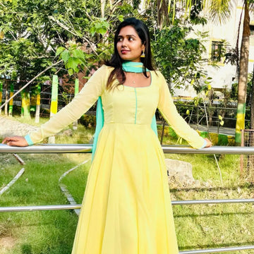 Women's Yellow Georgette Anarkali Gown with Aqua Blue Dupatta | Elegant Ethnic Dress Set