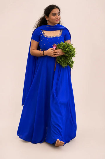 Women's Blue Georgette Anarkali Gown with Dupatta | Embroidered Party Wear Dress