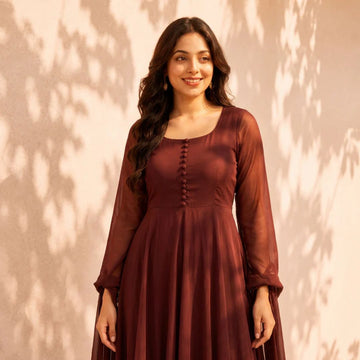 Women's Maroon Georgette Anarkali Maxi Dress with Sheer Sleeves & Tie-Up Back