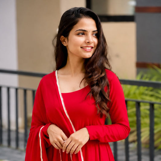 Premium Ruby Red Anarkali Dress with Matching Dupatta